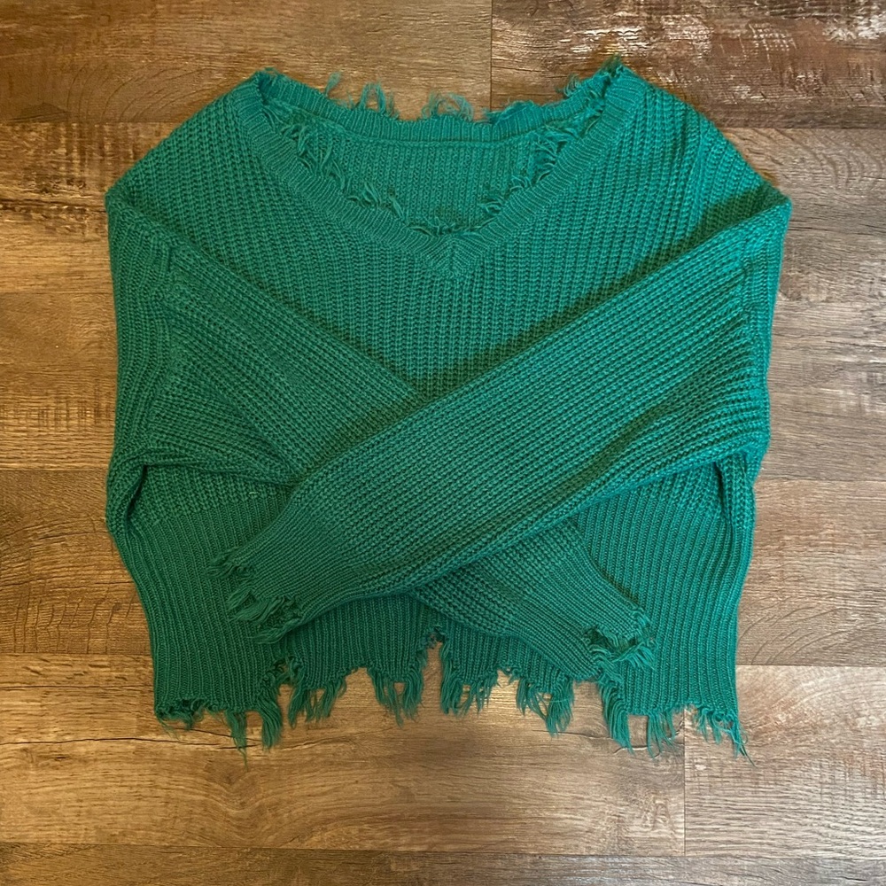 Green Cropped Distressed Knit Sweater